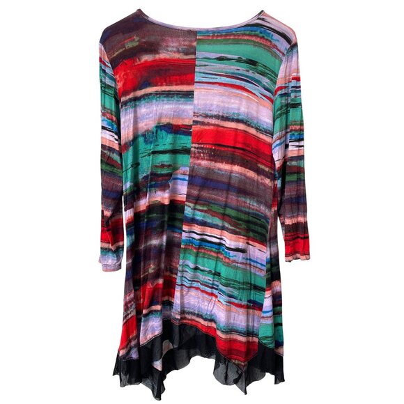 Cupio Tunic Top Size Large Scoop Neck Multi Striped Mesh Trim Handkerchief Hem - Picture 2 of 6